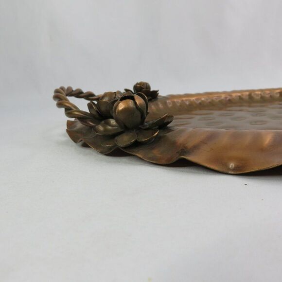 Gregorian Copper Serving Tray Hand Hammered Oval w Applied Flowers Twist Handles - Picture 8 of 10